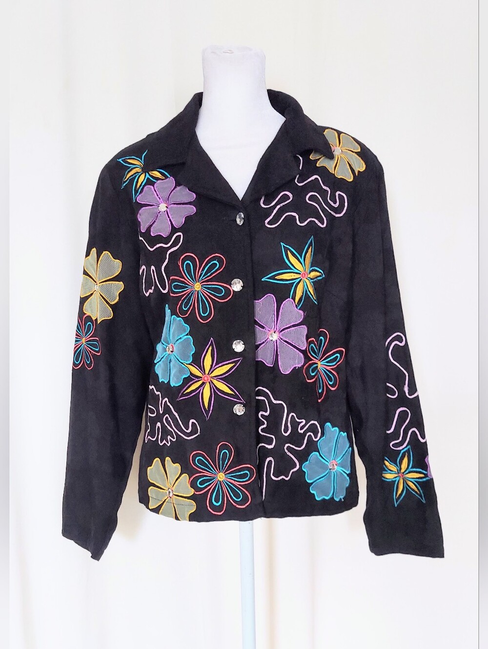 Indigo Moon Rhinestone Blazer Jacket Flower Vintage Floral Art to Wear Size XS
